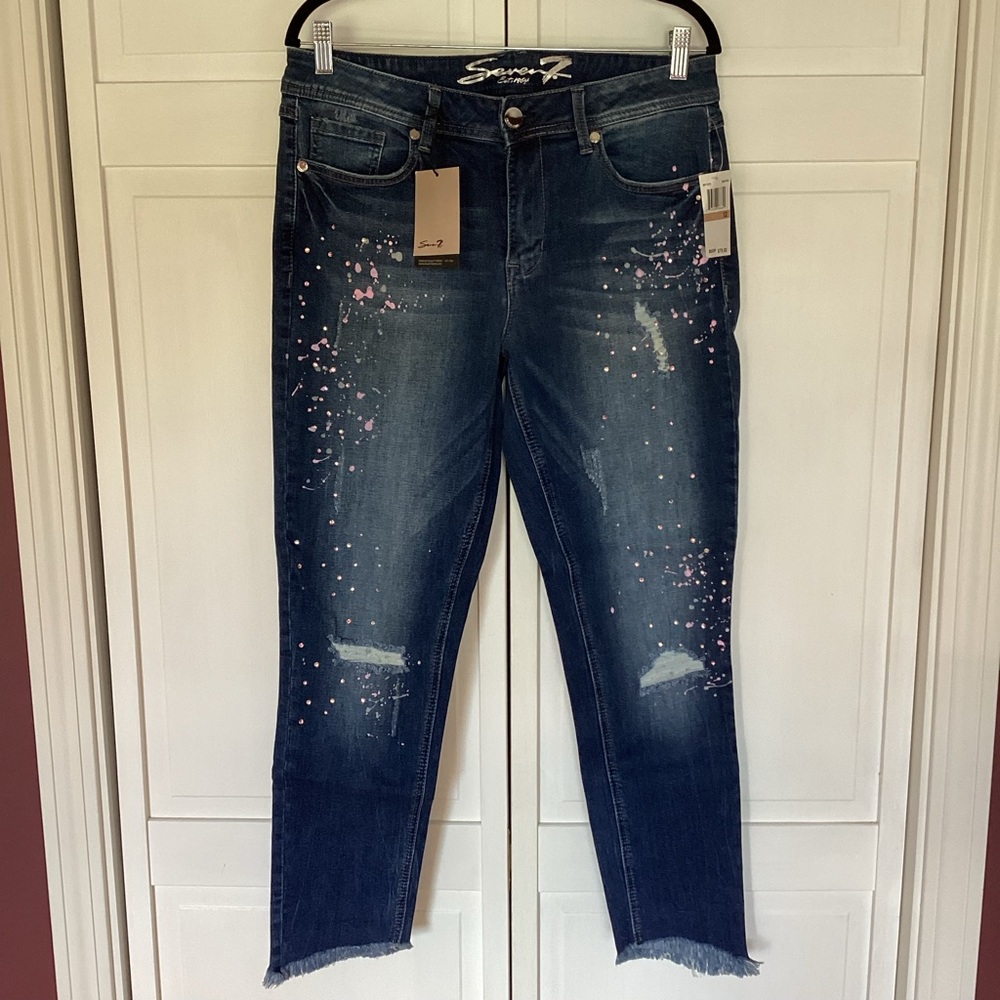NWT Seven7 Women's Blue Jeans with Pink Paint Spatters and Rhinestones